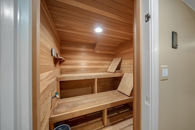 view of sauna featuring recessed lighting