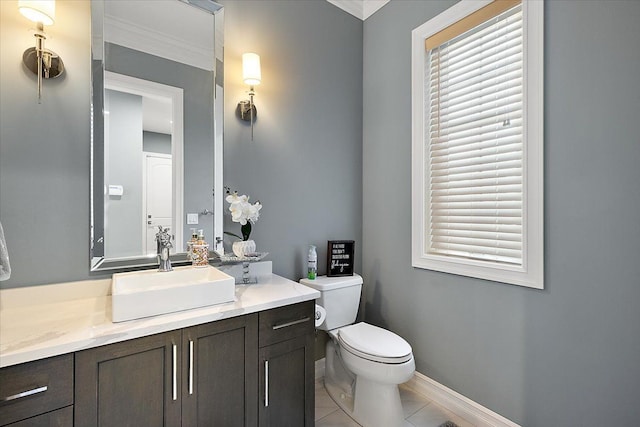 3888 Thatcher Dr, Rochester Hills, MI 48309 - half bathroom with tile patterned flooring, toilet, vanity, ornamental molding, and baseboards