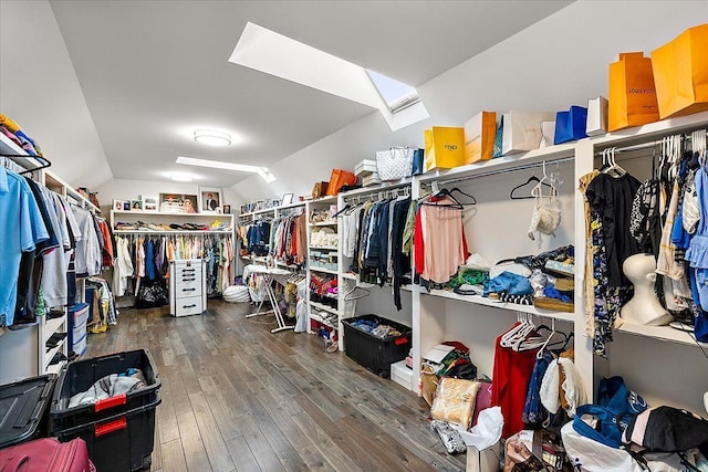 3888 Thatcher Dr, Rochester Hills, MI 48309 - walk in closet featuring lofted ceiling with skylight and hardwood / wood-style floors