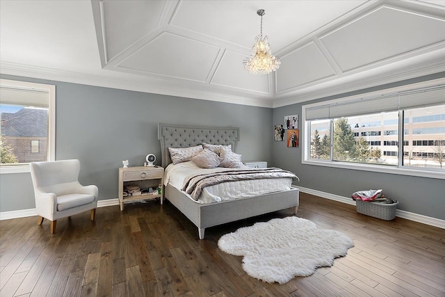 3888 Thatcher Dr, Rochester Hills, MI 48309 - bedroom featuring baseboards, multiple windows, a chandelier, and dark wood-type flooring