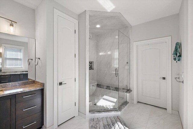 3888 Thatcher Dr, Rochester Hills, MI 48309 - full bath with marble finish floor, vanity, and a marble finish shower