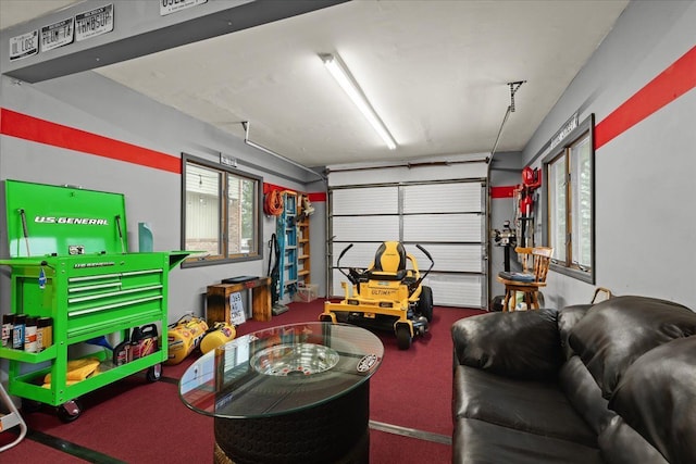 rec room featuring a garage and carpet flooring