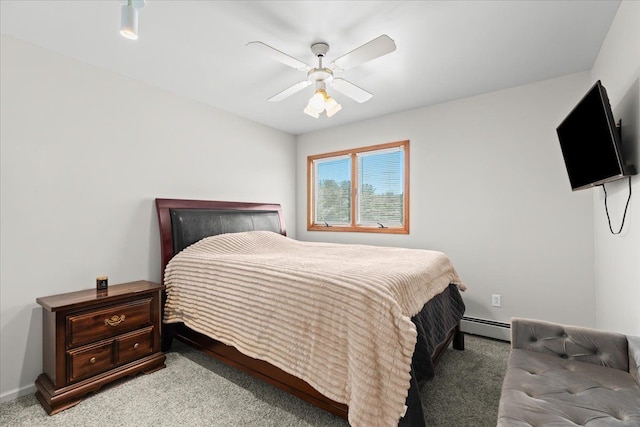 bedroom featuring baseboards, a baseboard radiator, ceiling fan, and light carpet