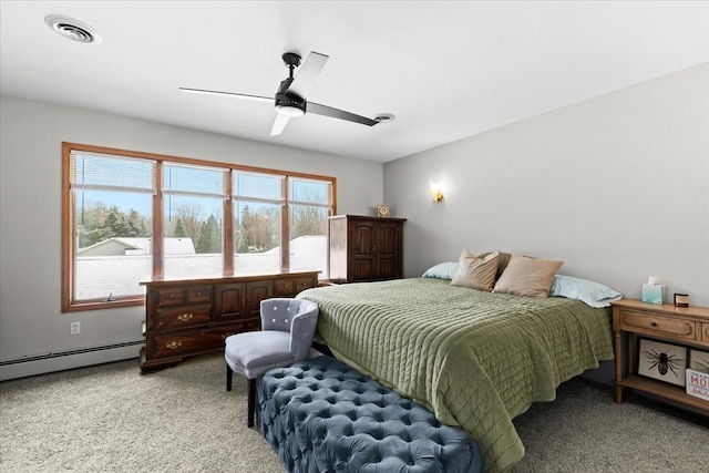 bedroom with a baseboard radiator, visible vents, ceiling fan, and light colored carpet