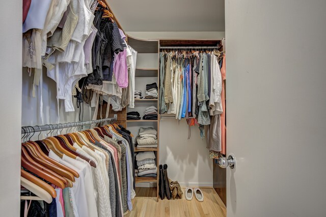 walk in closet with wood finished floors