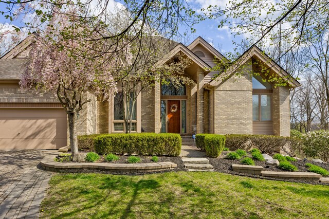 view of front of house with an attached garage, a front lawn, decorative driveway, and brick siding