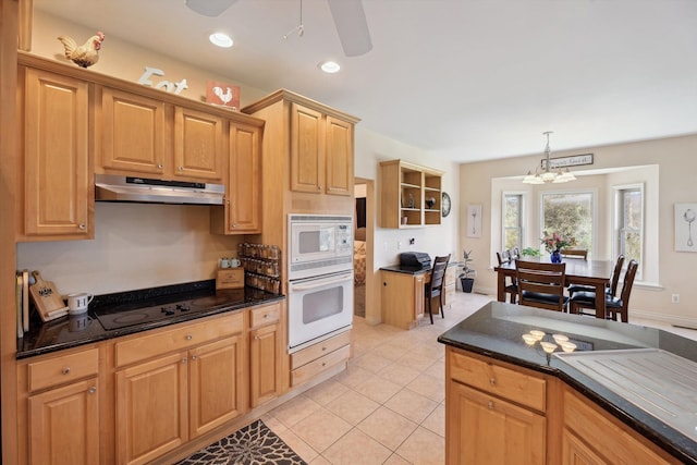 11613 Butler Rd, Willis, MI 48191 - kitchen with recessed lighting, under cabinet range hood, white appliances, light tile patterned flooring, and pendant lighting