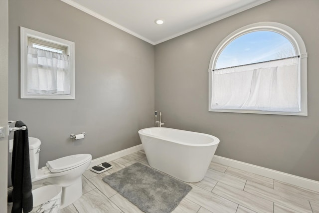 11613 Butler Rd, Willis, MI 48191 - bathroom featuring a soaking tub, a wealth of natural light, ornamental molding, and toilet
