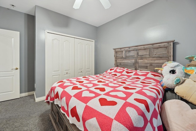 11613 Butler Rd, Willis, MI 48191 - bedroom featuring baseboards, dark carpet, a closet, and ceiling fan