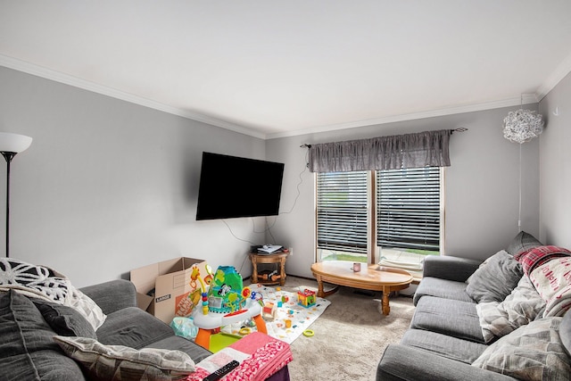 living area featuring carpet floors and ornamental molding
