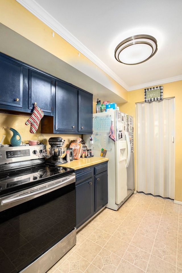 kitchen with electric stove, white refrigerator with ice dispenser, light countertops, blue cabinetry, and ornamental molding