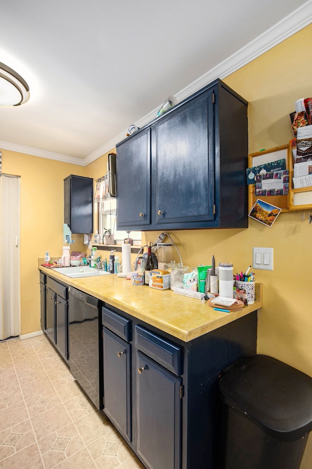 kitchen featuring a sink, black dishwasher, blue cabinetry, light countertops, and ornamental molding