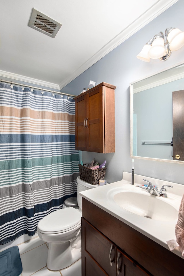 full bath featuring visible vents, crown molding, vanity, and toilet