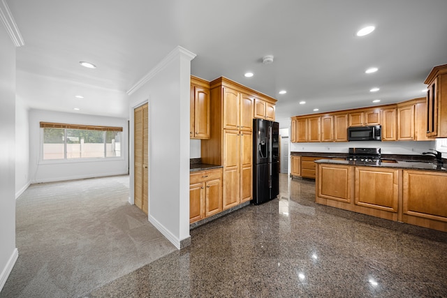 kitchen with crown molding, recessed lighting, baseboards, and black refrigerator with ice dispenser
