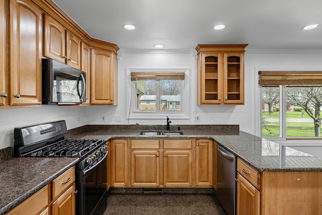 kitchen featuring crown molding, appliances with stainless steel finishes, a sink, a peninsula, and glass insert cabinets