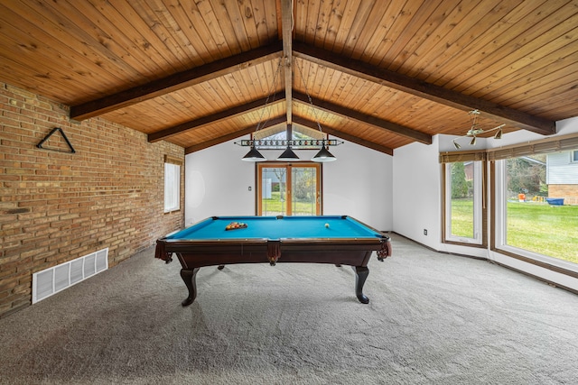 recreation room featuring carpet flooring, brick wall, visible vents, and billiards