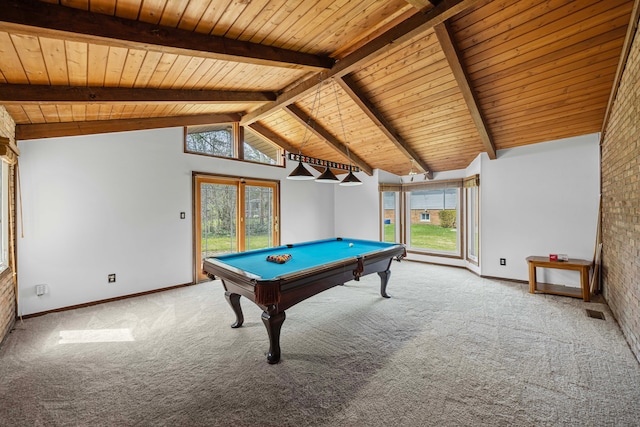 rec room with baseboards, carpet flooring, pool table, and wooden ceiling