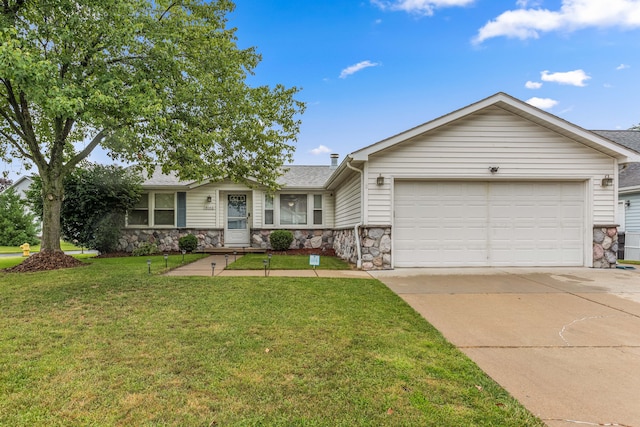 ranch-style house with a front lawn, driveway, stone siding, a shingled roof, and an attached garage
