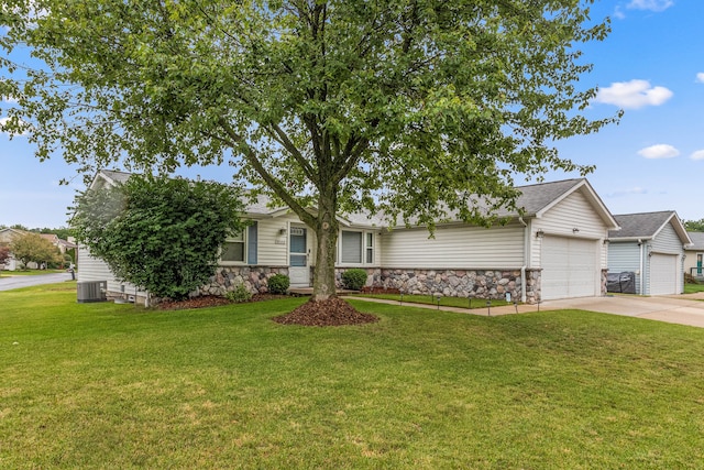 ranch-style home with a front lawn, driveway, stone siding, an attached garage, and cooling unit