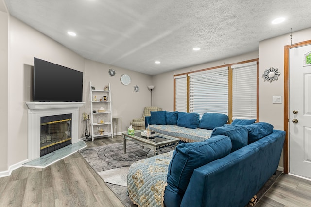living area with a textured ceiling, wood finished floors, a fireplace, and recessed lighting