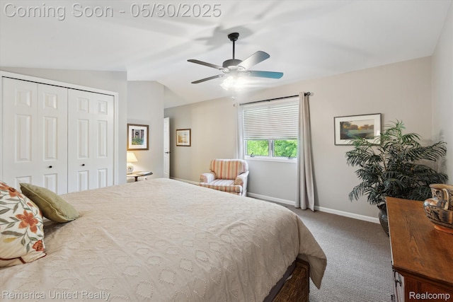 1317 Peppergrove Dr, Brighton, MI 48116 - bedroom featuring carpet floors, baseboards, a closet, lofted ceiling, and ceiling fan
