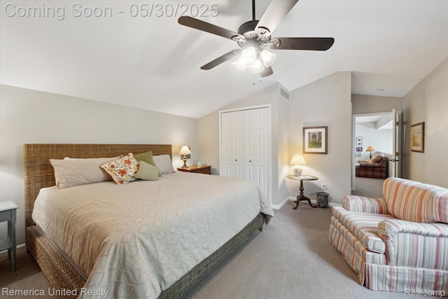 1317 Peppergrove Dr, Brighton, MI 48116 - bedroom with carpet floors, a closet, lofted ceiling, a ceiling fan, and baseboards