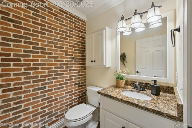 1317 Peppergrove Dr, Brighton, MI 48116 - half bathroom with brick wall, crown molding, vanity, and toilet