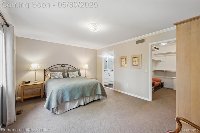 1317 Peppergrove Dr, Brighton, MI 48116 - carpeted bedroom with ornamental molding, a spacious closet, baseboards, connected bathroom, and a closet
