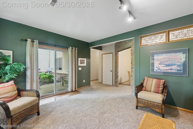 1317 Peppergrove Dr, Brighton, MI 48116 - living area featuring baseboards, carpet flooring, and rail lighting
