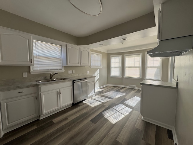 22051 Firwood Ave, Eastpointe, MI 48021 - kitchen with white cabinets, stainless steel dishwasher, dark wood-style floors, and a sink