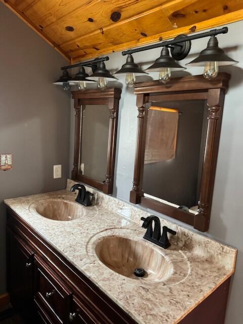 314 W Main, Whitehall, MI 49461 - bathroom with wood ceiling, double vanity, and a sink