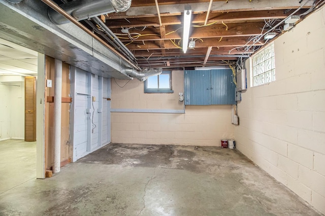 below grade area with concrete block wall