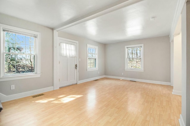 entrance foyer featuring a wealth of natural light, light wood-style floors, visible vents, and baseboards