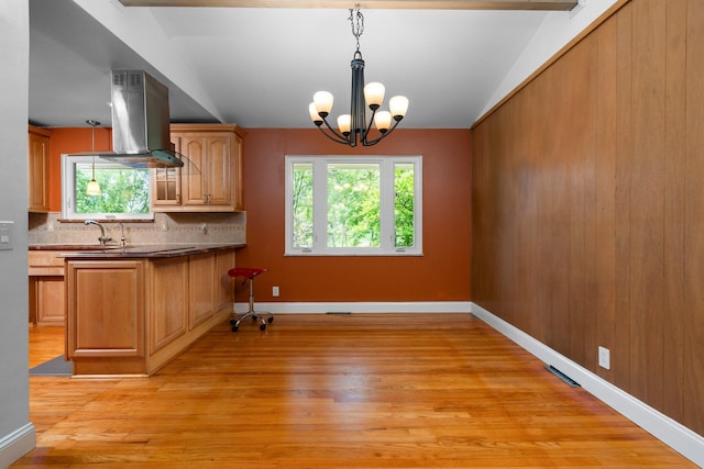 3091 Warwick Rd, Ann Arbor, MI 48104 - kitchen featuring island range hood, tasteful backsplash, light wood-style floors, and a healthy amount of sunlight