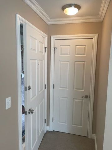 500 Romeo Rd Unit 116, Rochester, MI 48307 - doorway to outside featuring dark carpet, baseboards, and ornamental molding