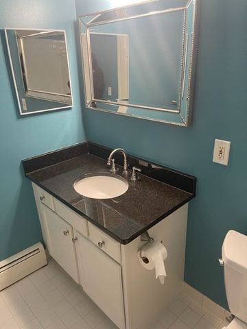 500 Romeo Rd Unit 116, Rochester, MI 48307 - half bath featuring toilet, a baseboard radiator, tile patterned floors, and vanity
