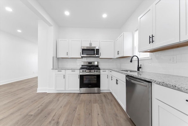 kitchen with white cabinets, decorative backsplash, a sink, and appliances with stainless steel finishes