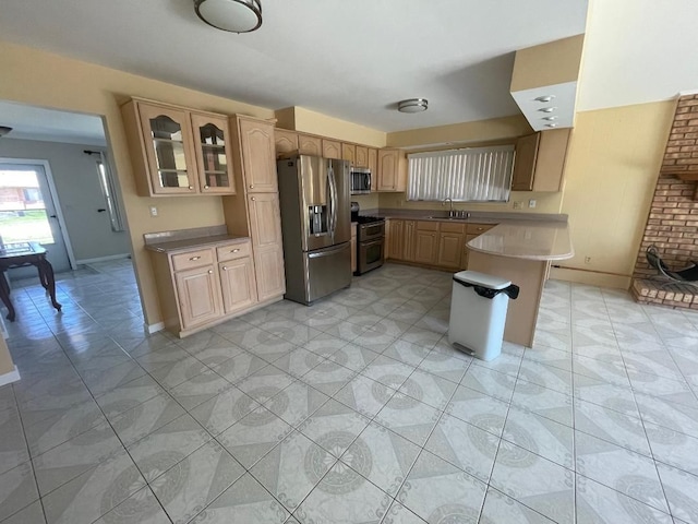 kitchen featuring glass insert cabinets, appliances with stainless steel finishes, a sink, baseboards, and a peninsula