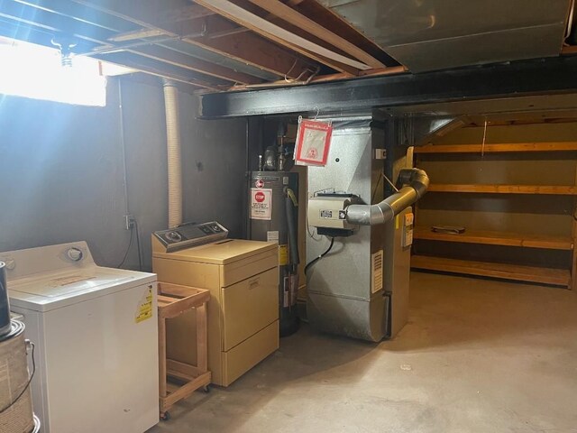 unfinished below grade area with heating unit, water heater, and washing machine and clothes dryer