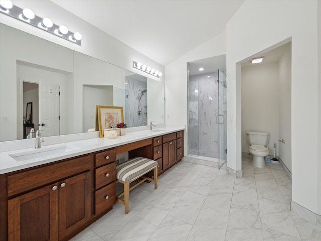 full bath with toilet, a sink, a marble finish shower, marble finish floor, and lofted ceiling
