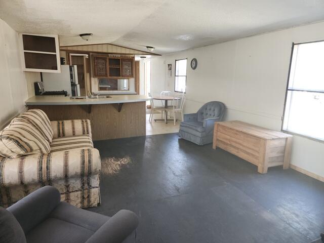 living area with lofted ceiling and finished concrete flooring