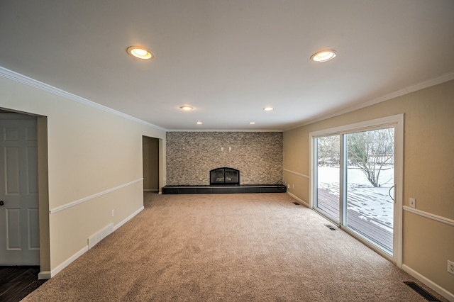 4238 Still Meadow Ln, West Bloomfield, MI 48323 - unfurnished living room featuring crown molding, a fireplace, baseboards, recessed lighting, and carpet floors