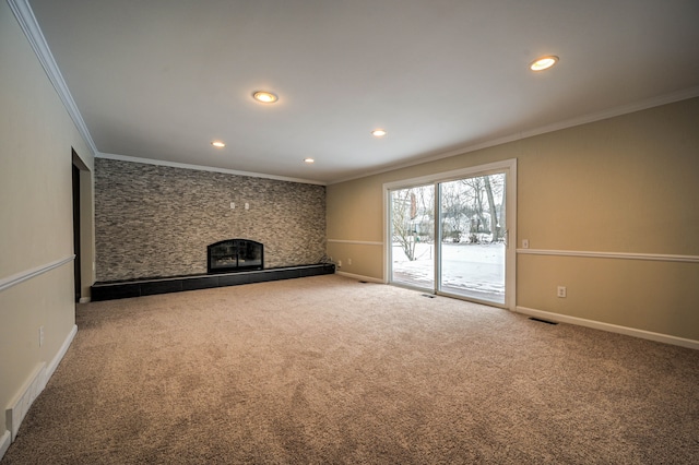 4238 Still Meadow Ln, West Bloomfield, MI 48323 - unfurnished living room featuring ornamental molding, a tiled fireplace, baseboards, carpet flooring, and recessed lighting