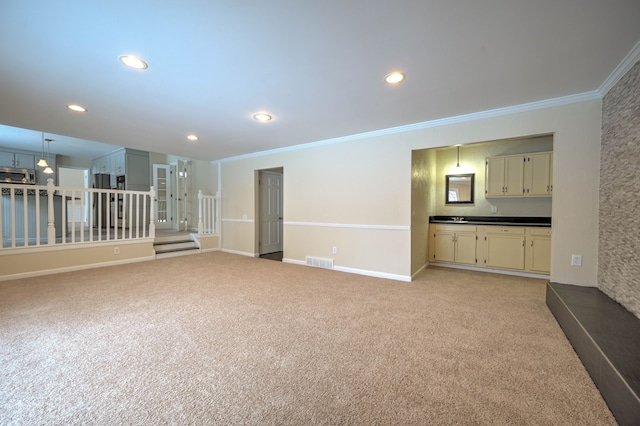 4238 Still Meadow Ln, West Bloomfield, MI 48323 - unfurnished living room with crown molding, light carpet, stairway, recessed lighting, and baseboards