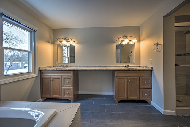 4238 Still Meadow Ln, West Bloomfield, MI 48323 - full bathroom with a tile shower, tile patterned flooring, baseboards, and double vanity