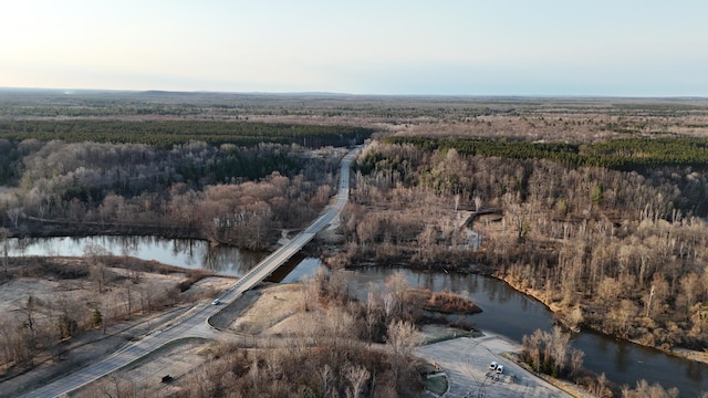 drone / aerial view with a forest view and a water view