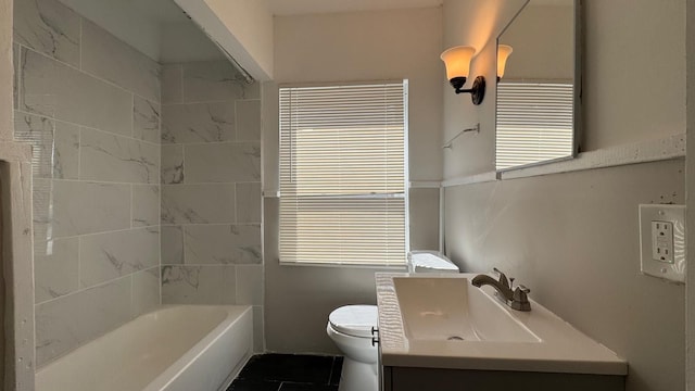 5051 Courville St, Detroit, MI 48224 - bathroom with tile patterned floors, a bath, vanity, a shower, and toilet