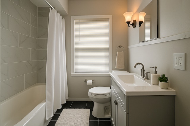 5051 Courville St, Detroit, MI 48224 - full bath with toilet, baseboards, shower / bath combo with shower curtain, tile patterned flooring, and vanity