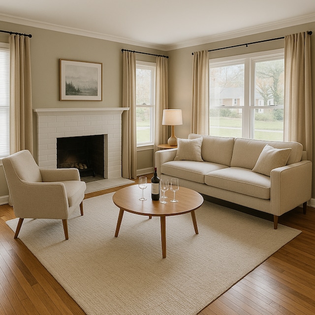 5051 Courville St, Detroit, MI 48224 - living room with ornamental molding, a brick fireplace, and hardwood / wood-style floors