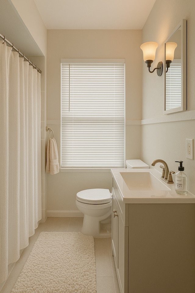 5051 Courville St, Detroit, MI 48224 - bathroom featuring toilet, a shower with curtain, vanity, and tile patterned floors